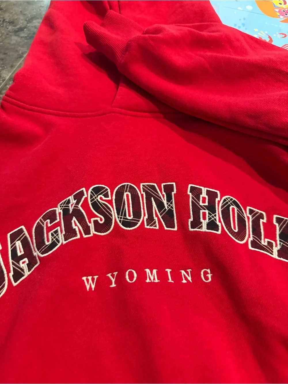 🎂Jackson Hole Wyoming Red Hoodie with plaid lettering - Picture 3 of 5